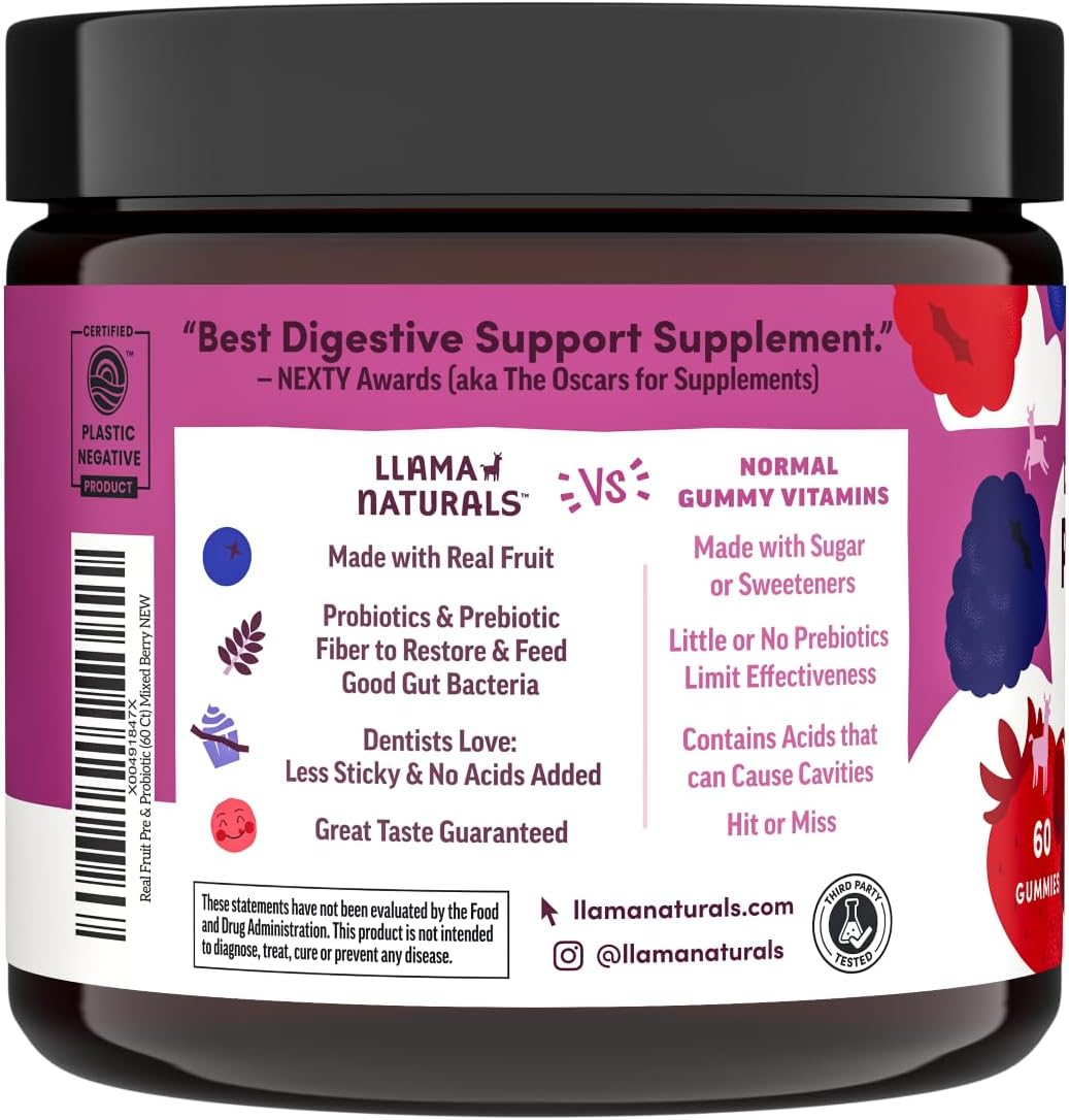 Llama Naturals Probiotics for Women and Men with Prebiotic Fiber, Vegan, Organic, Probiotic Gummies for Gut Health Support, Adults Real Fruit Gummy Vitamins, No Added Sugar Cane, Mixed Berry, 60 Ct
