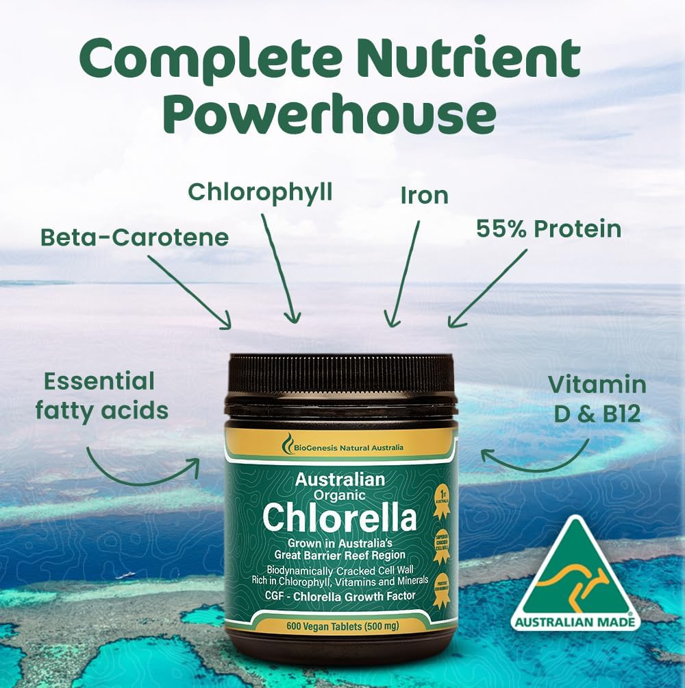 Biogenesis Organic Chlorella Tablets – 600 Count (500mg) | Australian Grown | BioDynamic Cracked Cell Wall | Rich in Chlorophyll, Vitamins & Minerals | Supports Energy & Immunity | Vegan Tablets
