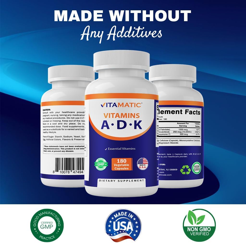 Vitamatic ADK Vitamin Supplement, 180 Veg Capsules, High Potency Vitamins A, D3, K2 for Bone Health, Calcium Absorption, Non-GMO, Gluten Free