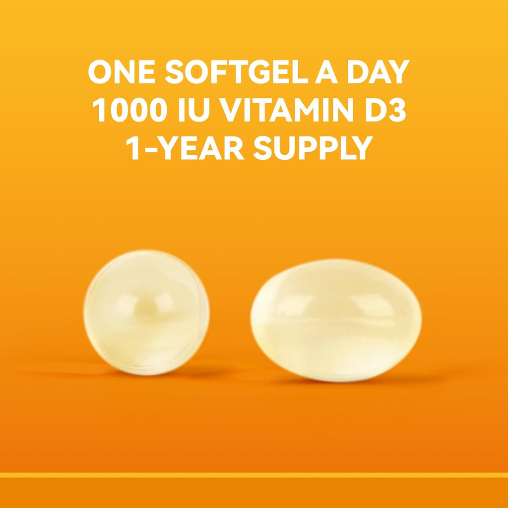 Vitamin D3 1000 IU (25 mcg) Softgels, Bone, Immune & Digestive Health Support, Gluten Free, No Artificial Additives, 360 Count, 360 Day Supply