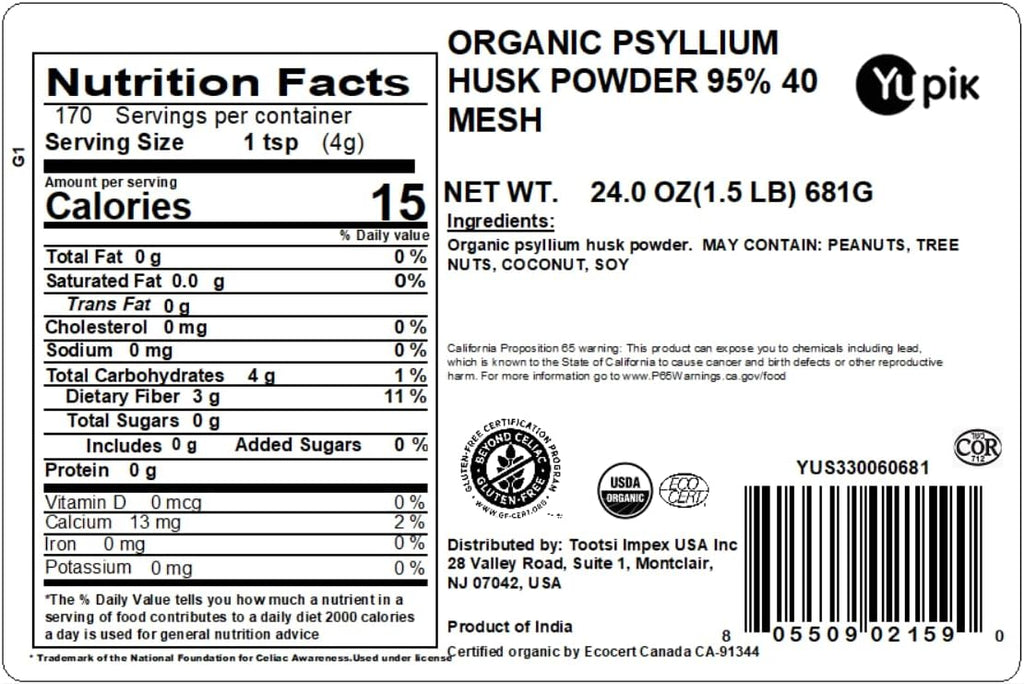 Yupik Organic Psyllium Husk Powder 24 Oz, 95% Purity, USDA Certified, Non-GMO, Vegan, Gluten-Free, Unflavored, Plant-Based, Coarse Milled Husk, Source of Fiber for Baking & Digestive Health