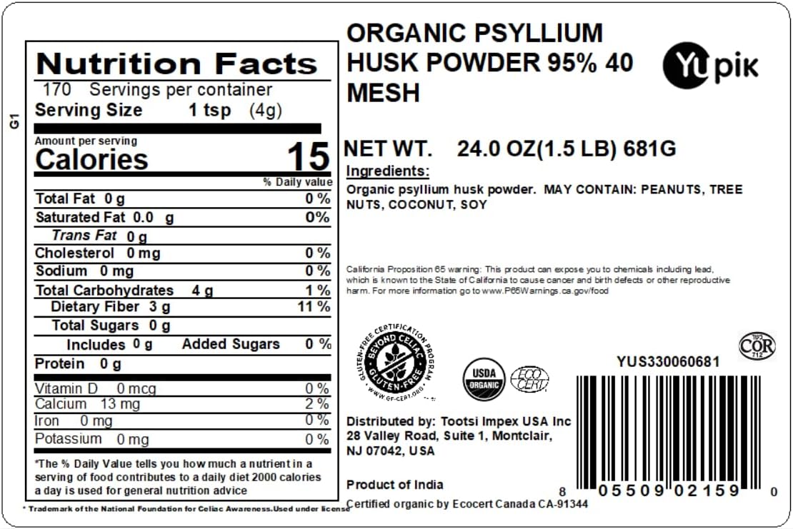 Yupik Organic Psyllium Husk Powder 24 Oz, 95% Purity, USDA Certified, Non-GMO, Vegan, Gluten-Free, Unflavored, Plant-Based, Coarse Milled Husk, Source of Fiber for Baking & Digestive Health