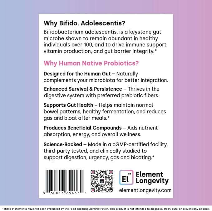 Human Strain Bifidobacterium Adolescentis Probiotic | Fewer Urgent Bowel Movements, Reduced Bloating/Gas, & Digestion Support | Clinically Studied Synbiotic | 30ct (30 Day Supply)