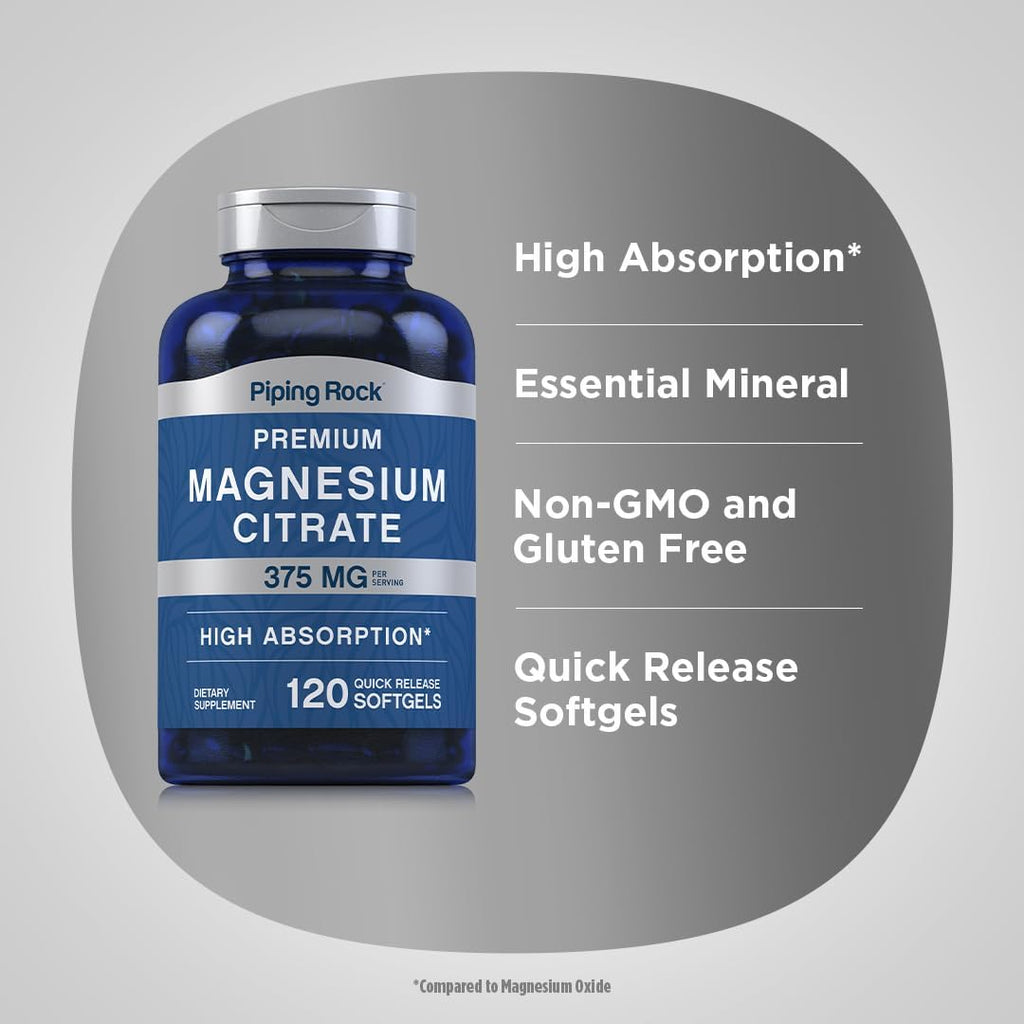 Piping Rock Magnesium Citrate | 375 mg | 120 Softgels | High Absorption | Non-GMO, Gluten Free Supplement