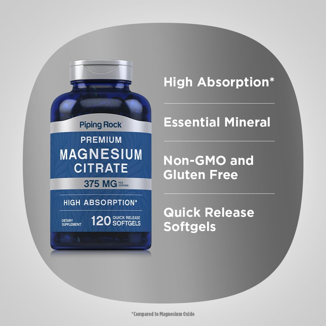 Piping Rock Magnesium Citrate | 375 mg | 120 Softgels | High Absorption | Non-GMO, Gluten Free Supplement
