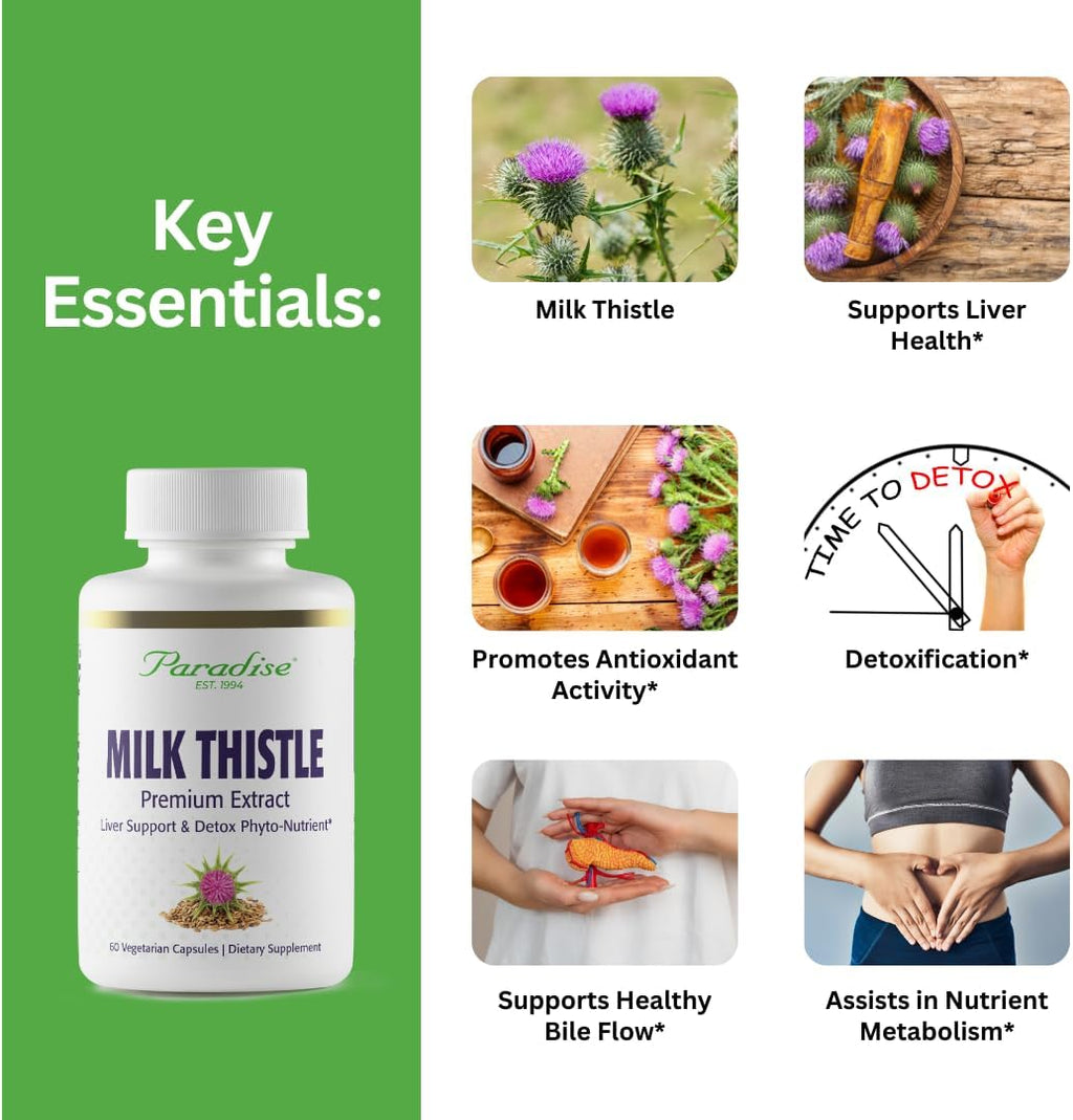 Paradise Herbs Milk Thistle, Active Whole Spectrum Extract, Vegan, Non GMO, Gluten Free, 60 Vegetarian Capsules