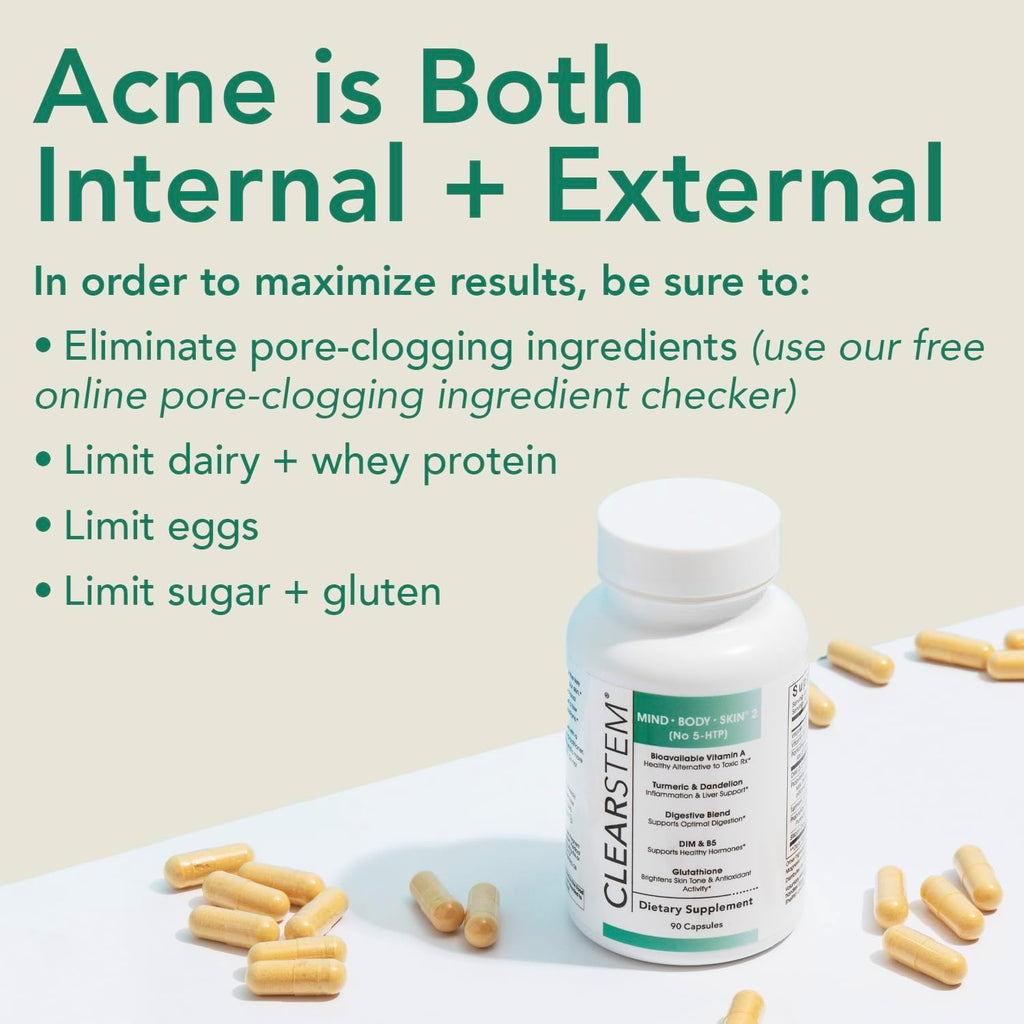 CLEARSTEM - MINDBODYSKIN Hormonal Acne Supplement (No 5-HTP) - Natural DIM Supplement - Skin Care Vitamins - Hormone Balance, Antioxidants - Gluten Free, Cruelty Free - 30 Servings, 90 Capsules