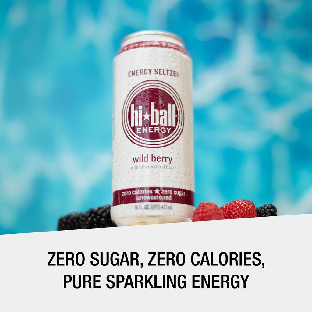 Hiball Clean Energy Drink - Wild Berry - Zero Sugar, Zero Calorie Sparkling Water with 160mg Organic Caffeine, 50mg Organic Ginseng, 50mg Organic Guarana and B Vitamins - 16 fl oz (8-Pack)