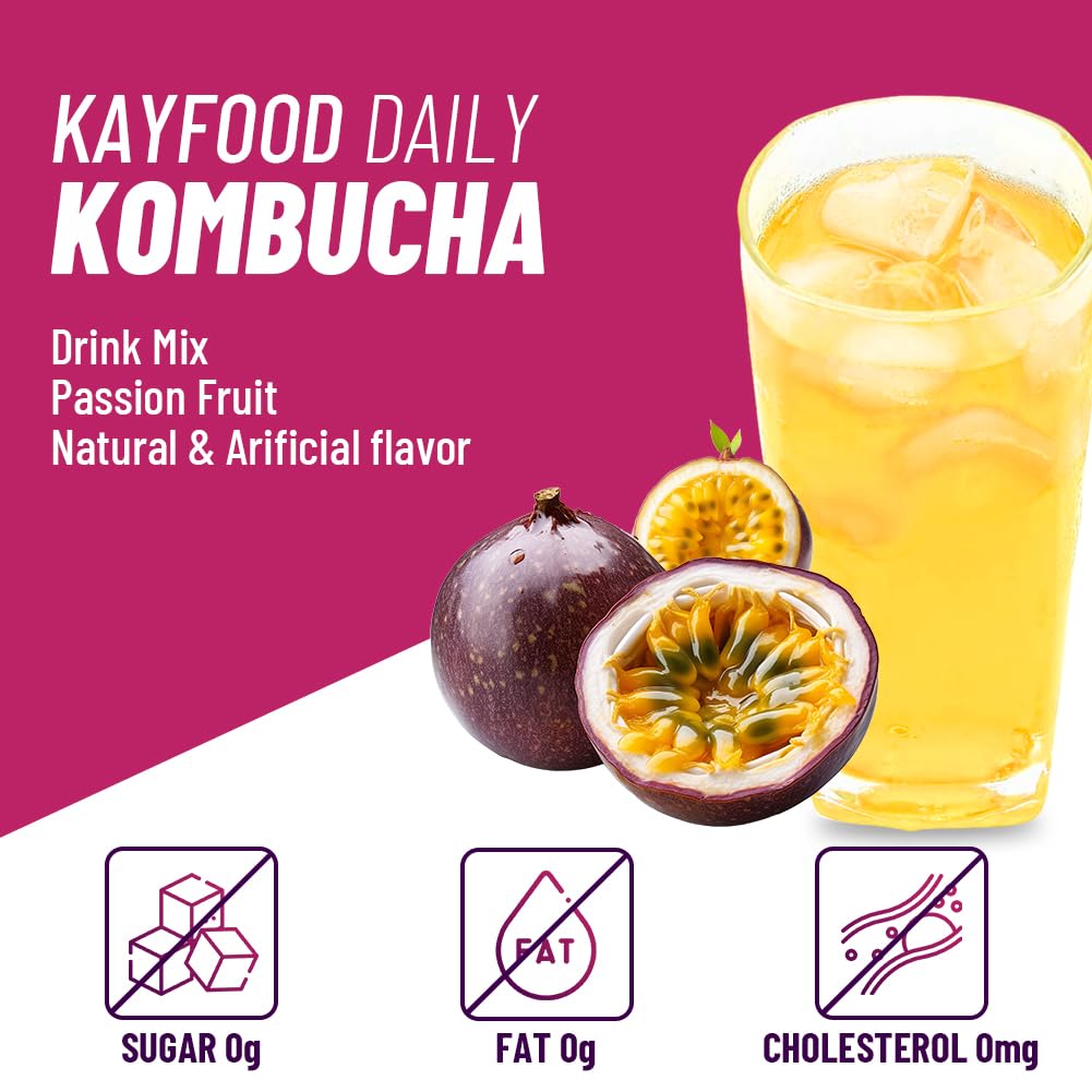 KAYFOOD-Kombucha-Passionfruit-Garden-Daily 20 Sticks with Gift Bottle Zero Sugar, Diet, Gut Healthy Sparkling Beverage, Fermented Korean Drinks for Iced, Hot, Workout Tea 3.52oz (100g)