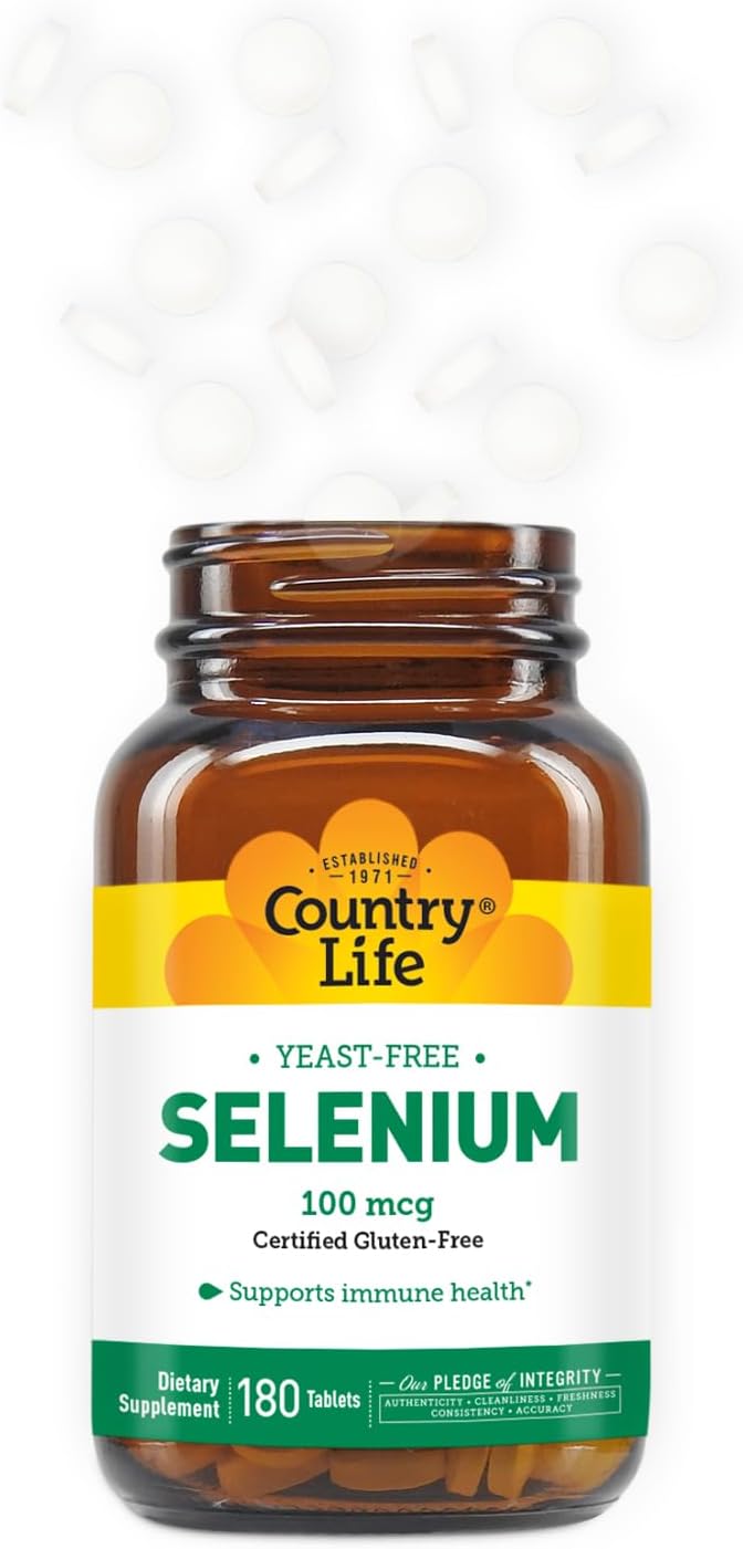 Country Life Selenium, Yeast Free, Supports Immune Health, 100 mcg, 180 Tablets, Gluten Free, Vegan, Halal