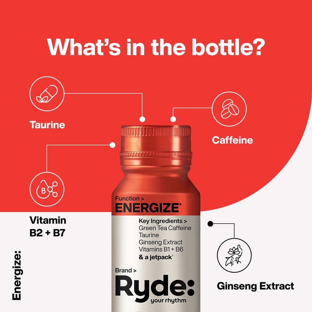 RYDE: Discovery Pack | Energize, Focus & Relax Shots | Green Tea Caffeine, Taurine, Ginseng, B Vitamins, L-Theanine, Lemon Balm, Chamomile | 0 Calories, 0 Sugar | Variety Pack – Try Them All (6 Pack)