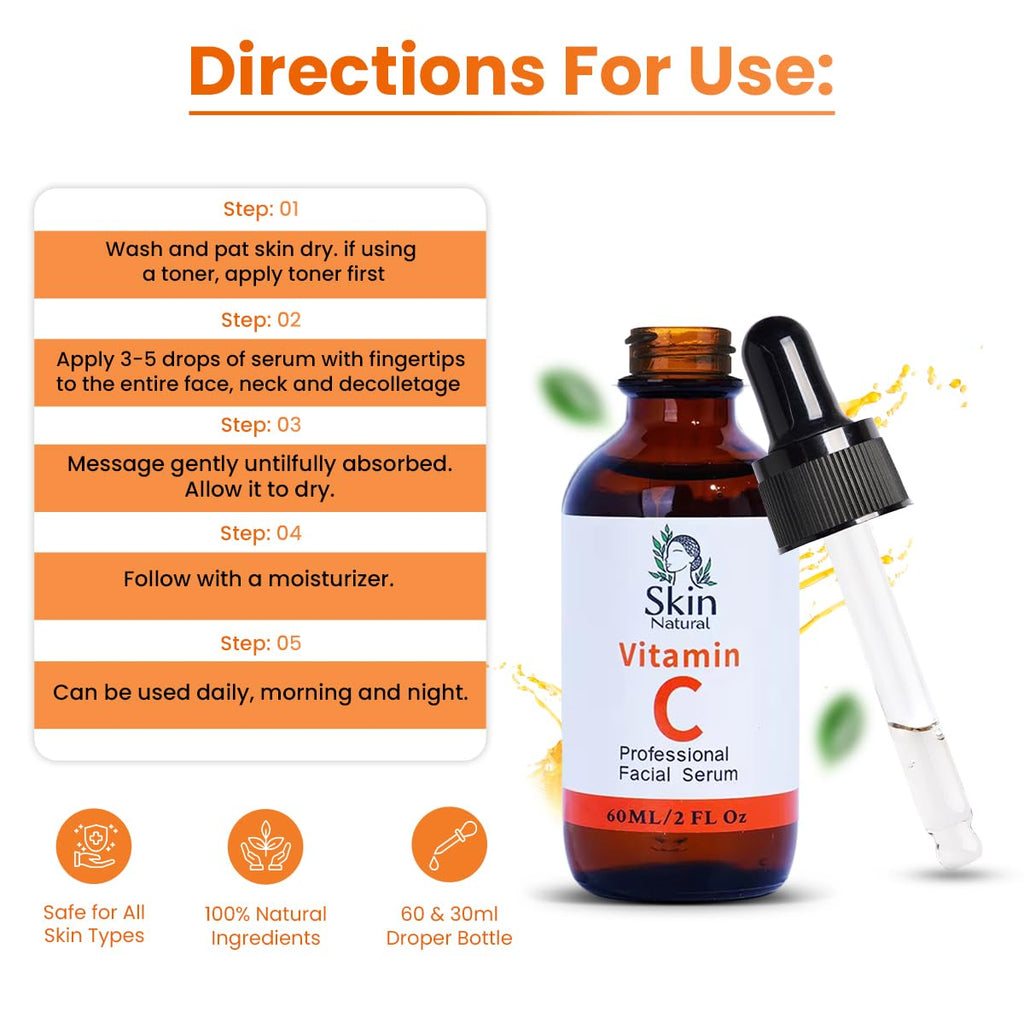 Skin Natural's Vitamin C Facial Serum - Anti-Aging, Brightening & Hydrating - Hyaluronic Acid, Retinol & Vit E - Fades Dark Spots - for All Skin Types, 2 Fl Oz