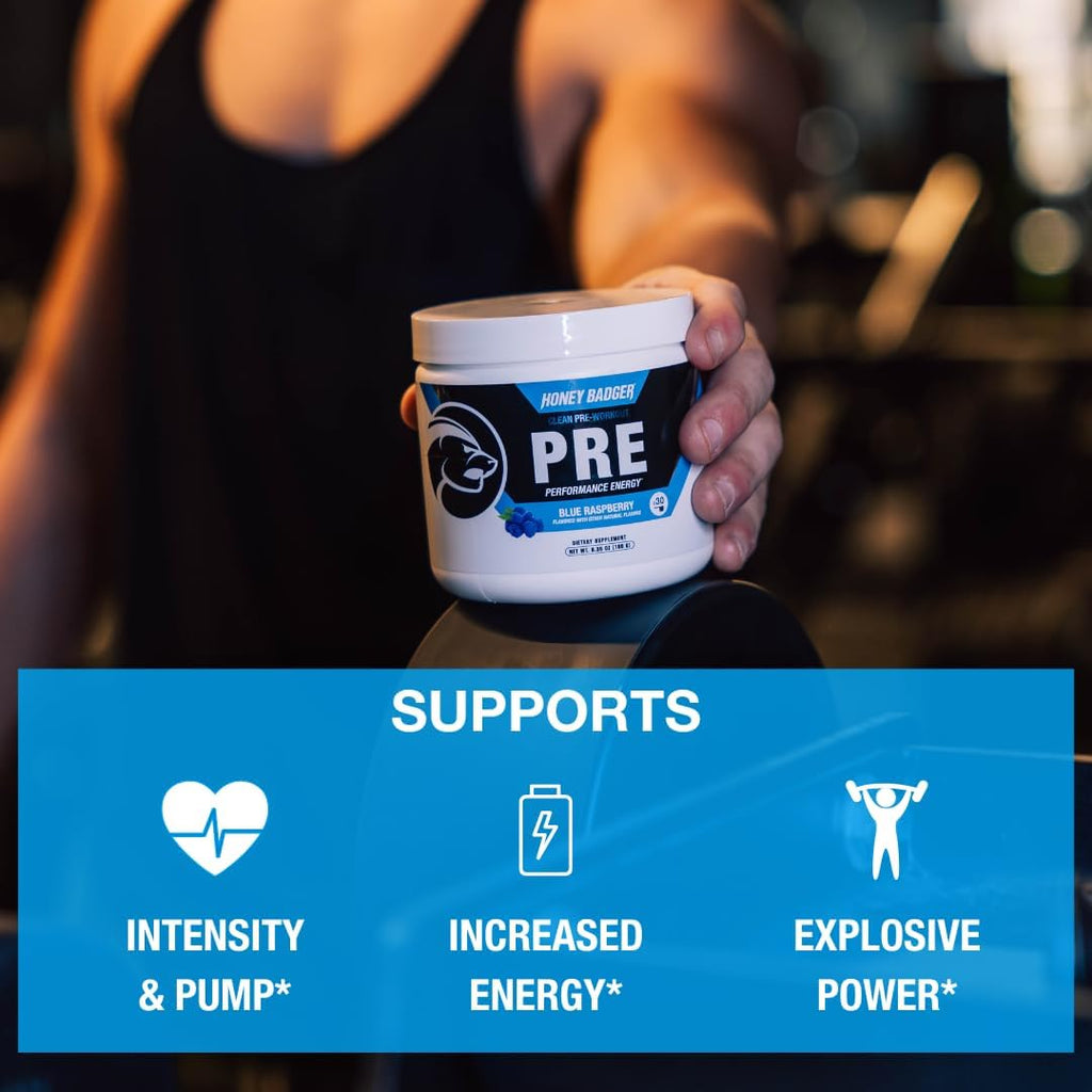 Honey Badger Pre Workout Powder, Keto Vegan Preworkout for Men & Women, Beta Alanine & Caffeine, Sugar Free Natural Energy Supplement, Blue Raspberry, 30 Servings