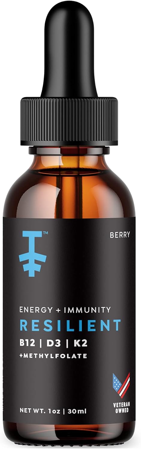 Resilient Vitamin D3 K2 B12 Drops - Liquid B12 K2 D3 Vitamin Supplement with Methylfolate, Liquid Drops for Energy & Recovery, Methy Folate for Sleep & Mood - Natural Berry 30mL