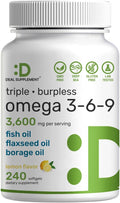 Triple Omega 3-6-9 Fish Oil Supplements 3,600mg – 240 Softgels with Flaxseed Oil & Borage Oils Complex – High EPA + DHA – Burpless Pills, Lemon Flavored, Wild Caught – Heart, Joint, & Brain Support