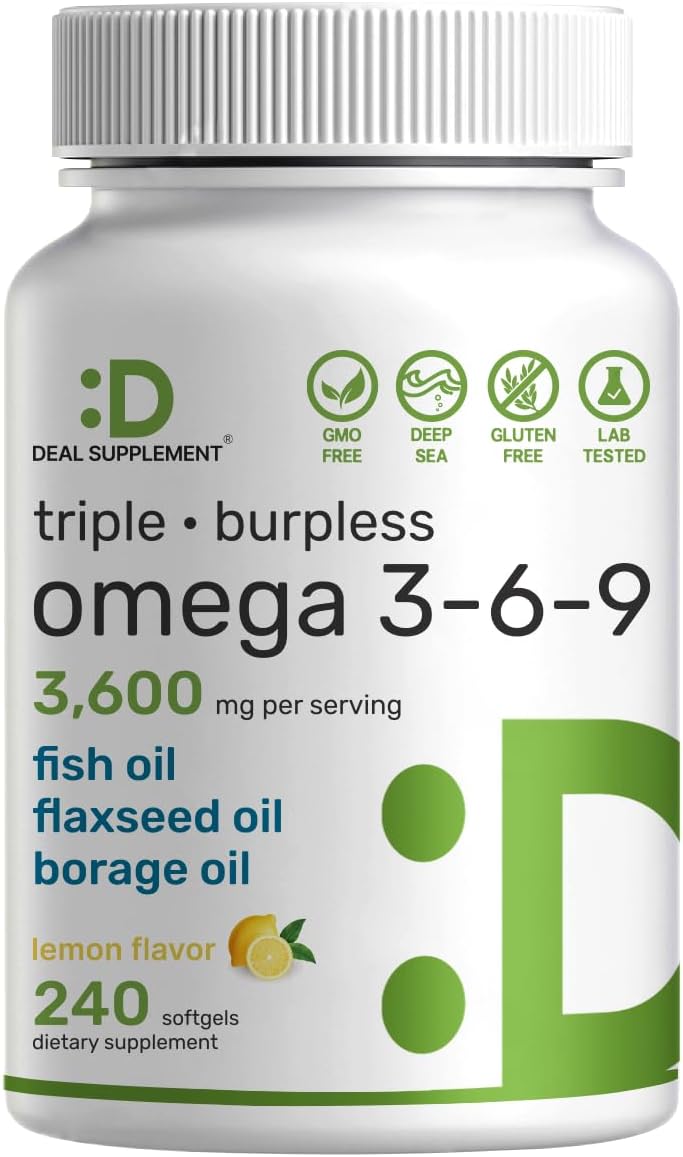 Triple Omega 3-6-9 Fish Oil Supplements 3,600mg – 240 Softgels with Flaxseed Oil & Borage Oils Complex – High EPA + DHA – Burpless Pills, Lemon Flavored, Wild Caught – Heart, Joint, & Brain Support