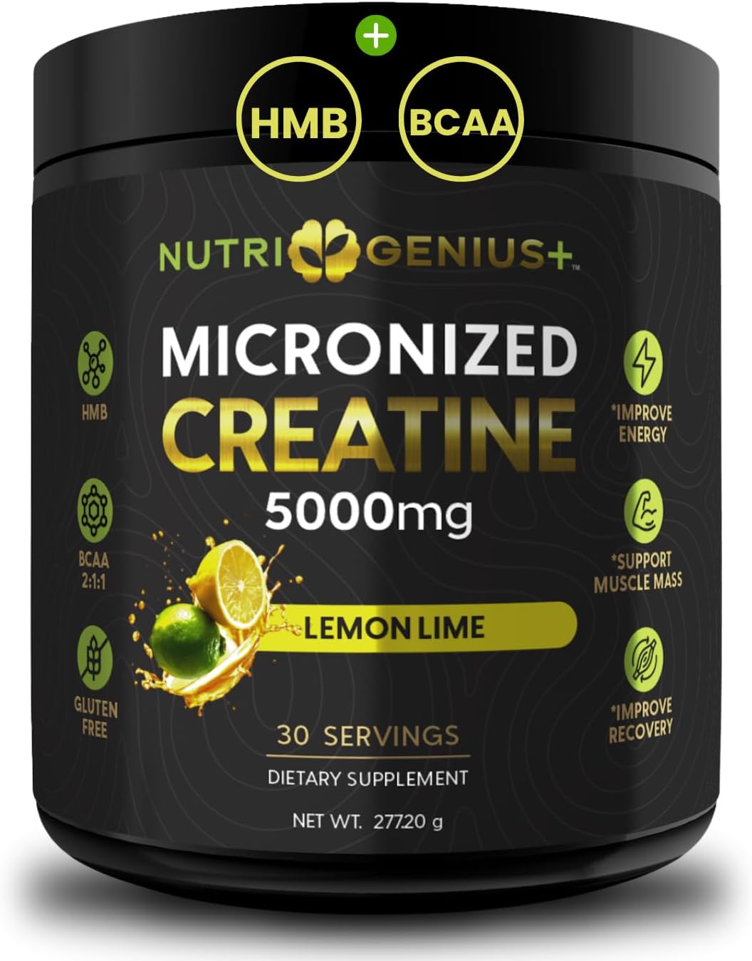 Micronized Creatine Powder with BCAAs + HMB for Muscle Growth, Strength & Recovery | Lemon Lime Flavor | 30 Servings