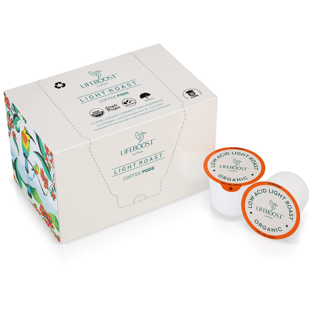 Lifeboost Light Roast Low Acid Coffee Pods - Single Origin Non-GMO Organic Coffee K Cups - Compatible with Keurig & Keurig 2 Machines - 10 Count