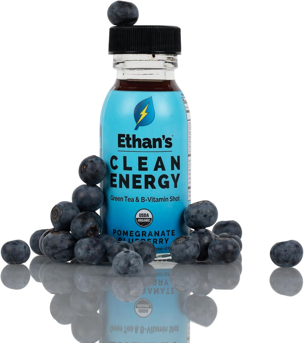 Ethan's Organic Clean Energy Shots Pomegranate Blueberry, Sugar Free Natural Pre-Workout Focus Boost, Gluten Free, Vegan, B6 & B12 Vitamin C with Green Tea Extract and Guayusa (2 Pack of 2oz Shots)