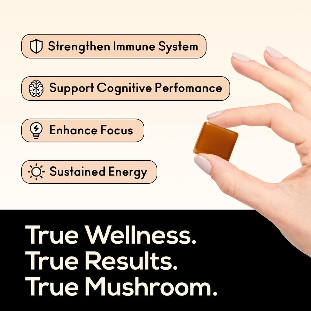 TrueMushroom - Immunity, Focus & Memory, Energy Mushroom Gummies with Lion’s Mane, Cordyceps, Reishi, Shiitake All-Natural Supplement with Ginger & Turmeric. Ginger Mango Flavor (60 Count)