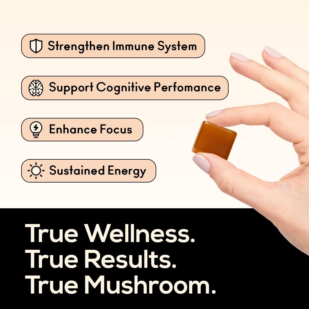 TrueMushroom - Immunity, Focus & Memory, Energy Mushroom Gummies with Lion’s Mane, Cordyceps, Reishi, Shiitake All-Natural Supplement with Ginger & Turmeric. Ginger Mango Flavor (60 Count)