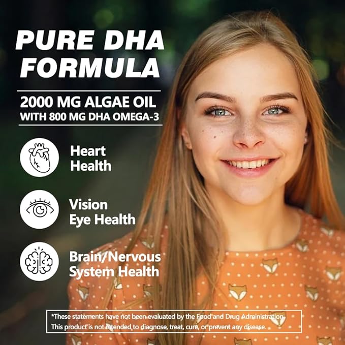Vegan Omega 3 DHA Supplement - Algae Oil, Plant Based DHA 800mg, Carrageenan Free, Replacement for Fish Oil, Supports Heart, Brain, Joint Health - 60 Softgels
