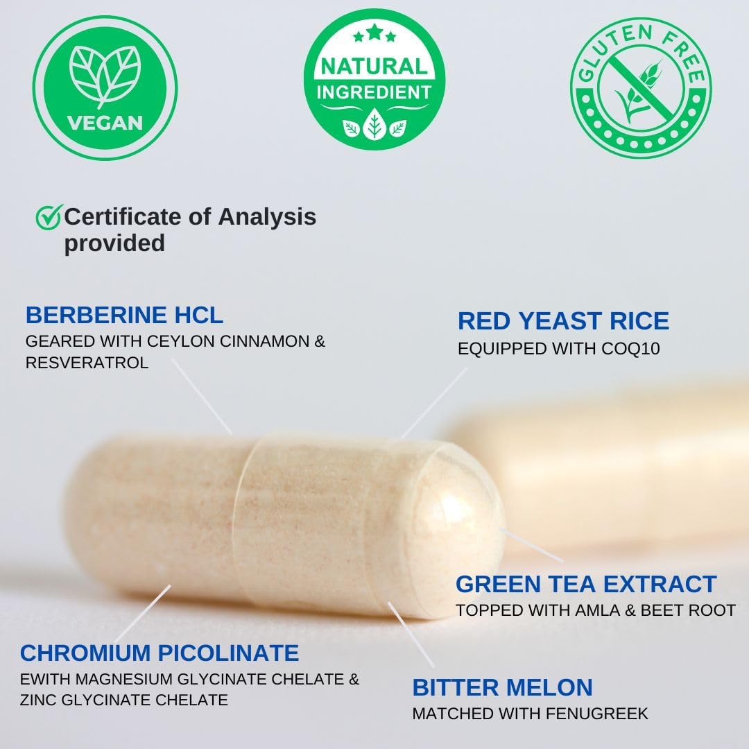 Berberine HCL & Ceylon Cinnamon - Red Yeast Rice & CoQ10 1300mg per Serving *USA Made & Tested* Healthy Levels with Green Tea Extract, Resveratrol, Magnesium, Glycinate, Chromium Picolinate