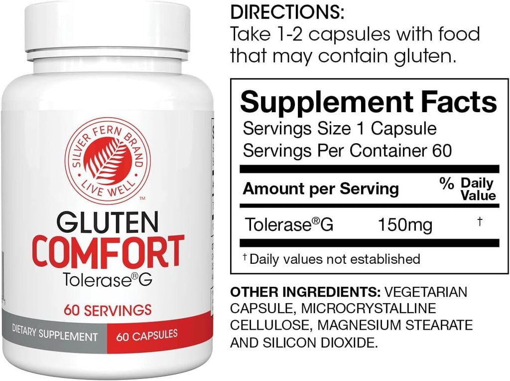 Silver Fern Gluten Comfort with Tolerase G - 2 Bottles - 60 Capsules Each - Digestive Enzyme Made Specifically to Break Down and Digest Gluten Protein