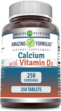 Amazing Formulas Calcium with Vitamin D3 Supplement | Tablets | Non-GMO | Gluten-Free | Made in USA (250 Count, 1 Pack)
