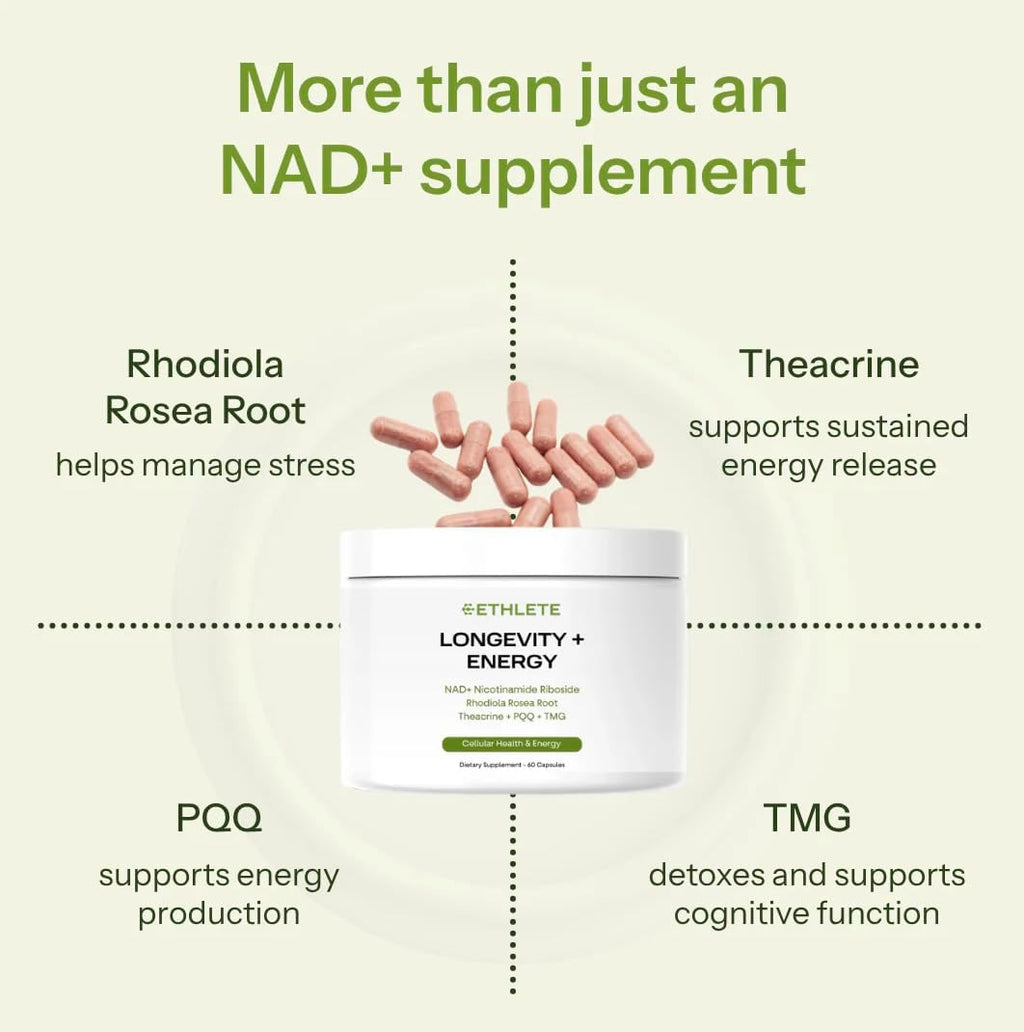 Longevity + Energy - Supplements with Rhodiola Rosea, TMG & Theacrine, Maximize Strength & Recovery, NAD+ Supplement, PQQ for Anti-Aging, 60 Capsules