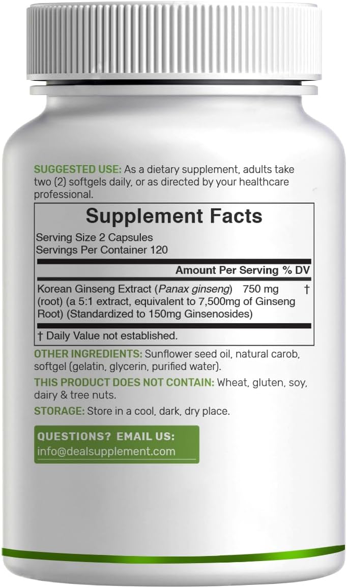 Korean Red Panax Ginseng Root Extract, 7,500mg Serving, 240 Softgels – 150mg Active Ginsenosides
