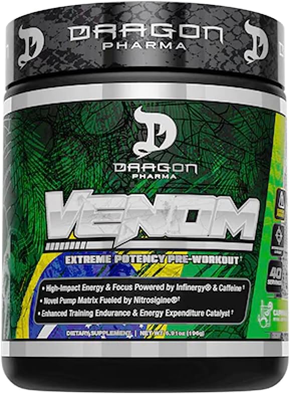 DRAGON PHARMA Venom Extreme Potency Pre-Workout, Laser Sharp Focus + Energy, Intense Performance, Proven Ingredients for Enhanced Vasodilation & Endurance (40 Servings, Caipirinha)