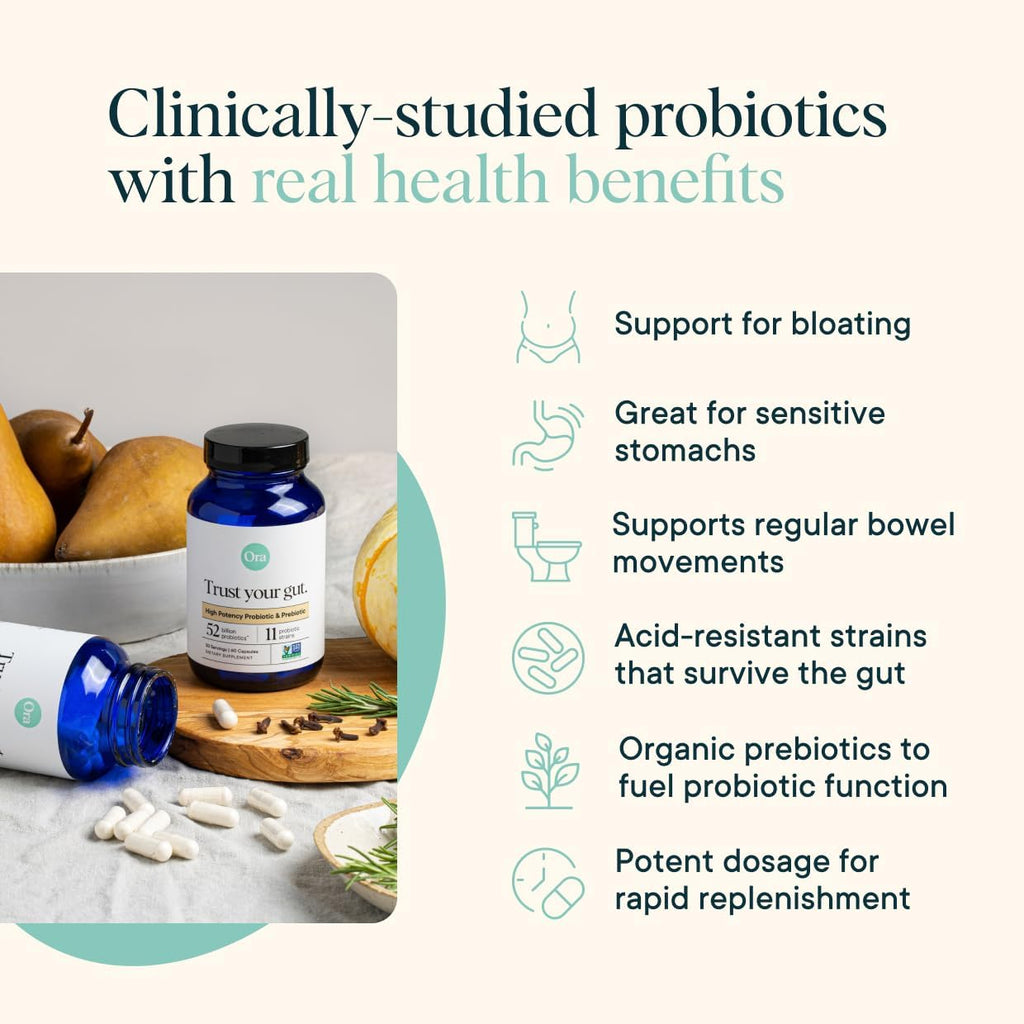 Ora Organic Probiotics with Prebiotics - 52 Billion CFU 11 Clinically Studied Strains for Digestive Health, Trust Your Gut, Gluten Free, 60 Capsules
