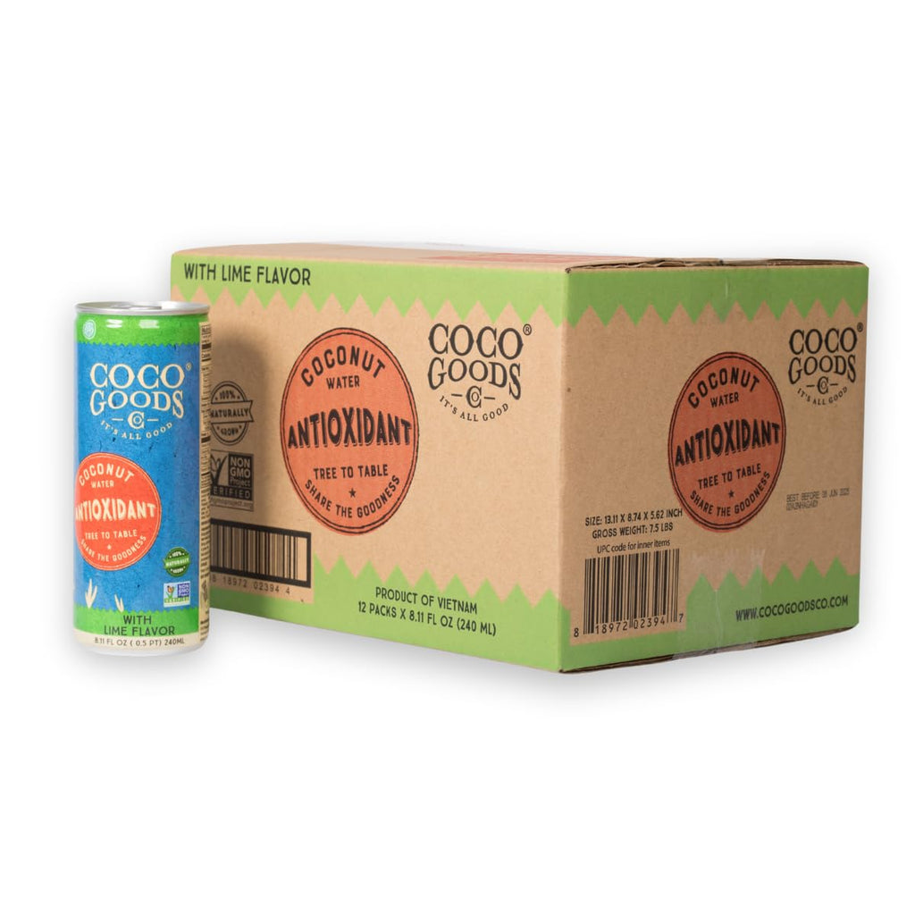 CocoGoodsCo Antioxidant Drink with Coconut Water, Lime – 35mg Natural Caffeine, 0g Sugar, Naturally Sweetened, 10 Calories, with Green Coffee & Vitamin E – 8.11 fl oz Cans (12 Pack)