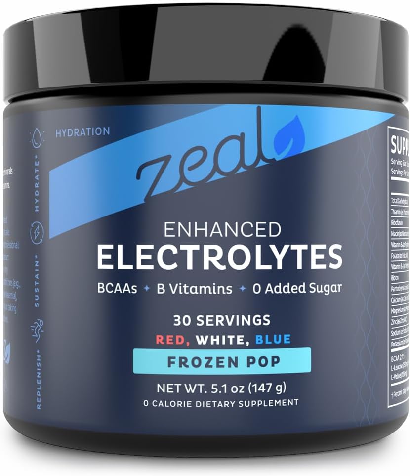 Zeal Electrolyte Powder Recovery Drink (30 Servings | Red White Blue Frozen Pop) w 0 Sugar +BCAAs +B-Vitamins Electrolyte Supplement w Potassium Zinc & Magnesium for Hydration - Keto Electrolytes
