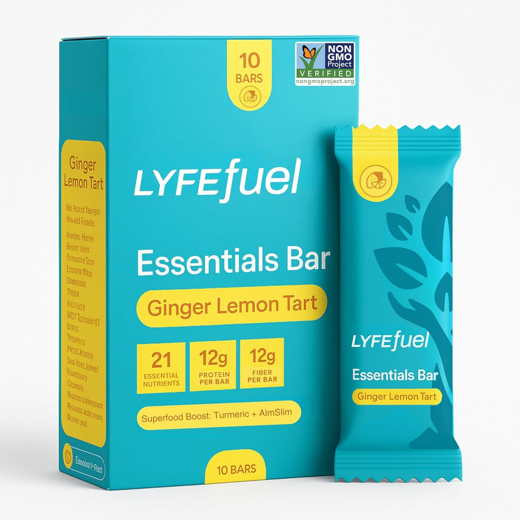 Essential Nutrition Bars by LyfeFuel | Vegan Protein Bar & Low Carb Meal Replacement for Intermittent Fasting and Hunger Control | 12g Plant-Based Protein, High Fiber, MCT Oil and 21 Organic Vitamins | No Sugar Alcohols (Lemon Ginger Tart) - 3 Pack