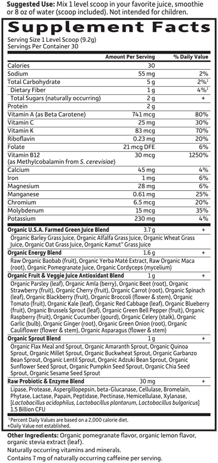 Garden of Life Raw Organic Perfect Food Energizer Juiced Green Superfood Powder - Yerba Mate Pomegranate, 30 Servings, Green Superfood Powder & Probiotics, Gluten Free Whole Food Greens Supplements