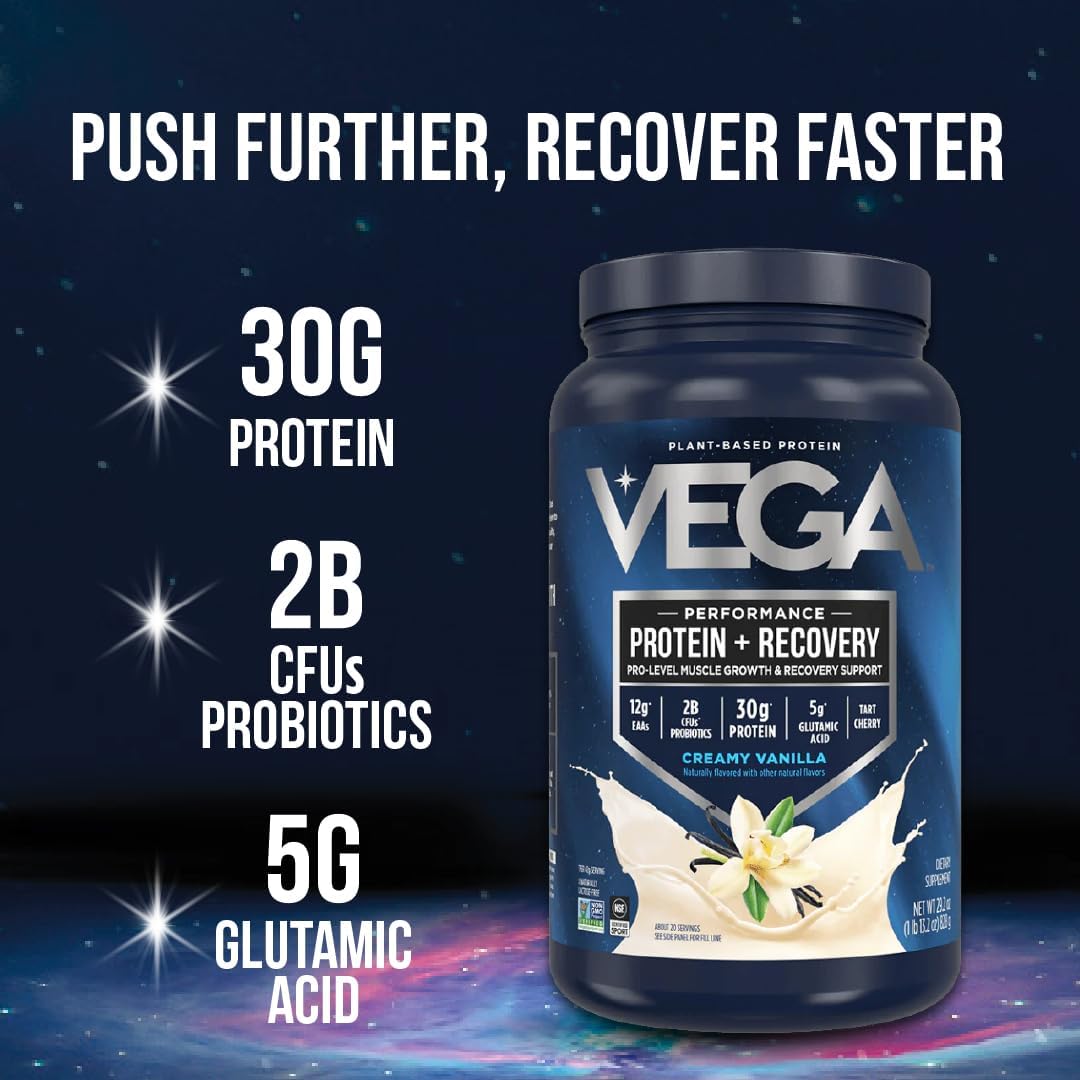 Vega Sport Vegan Protein Powder + Recovery - 30g Plant Based Protein per Serving, Vanilla, 20 Servings, 5g BCAAs, Probiotics, NSF Certified, For Shakes & Smoothies, 1.8lbs (Packaging May Vary)