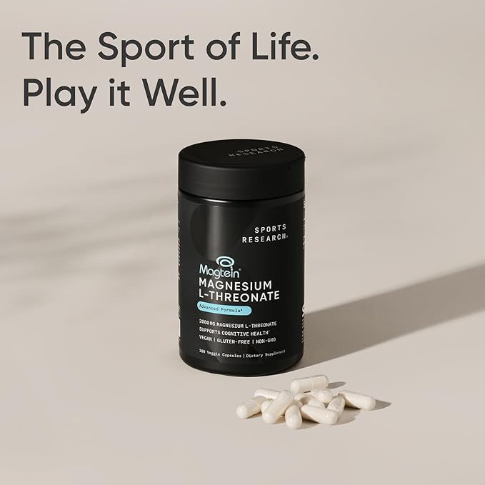 Sports Research® Magnesium L-Threonate Capsules 2000mg - High-Absorption Magtein® for Enhanced Brain Health, Memory, Focus & Restful Sleep Support - Vegan · Non-GMO · Gluten Free - 180 Count