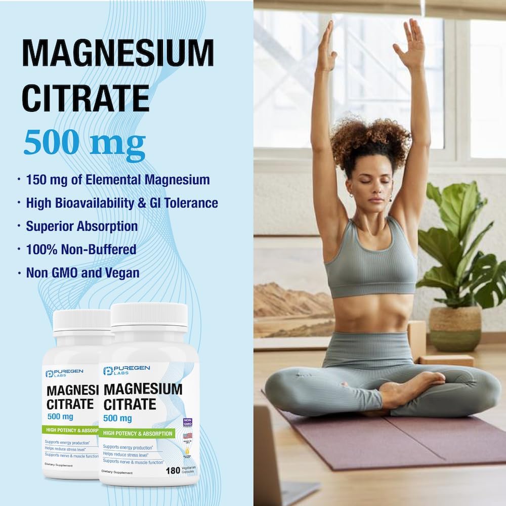 Magnesium Citrate 500 mg | High Potency Elemental Magnesium | Total 360 Veggie Caps, Superior Absorption, Non-GMO, NO Gluten and Dairy, Supports Muscle, Joint, and Heart Health
