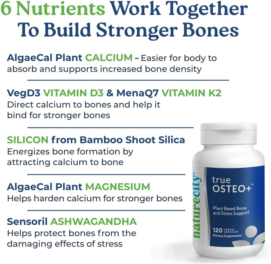 NatureCity True-Osteo+ Bone Support with Ashwagandha – for Strength & Density – Plant-Based Calcium with Organic AlgaeCal, Magnesium, Vitamin D3, K2, Silicon & Stress Support | 360 Veggie Capsules