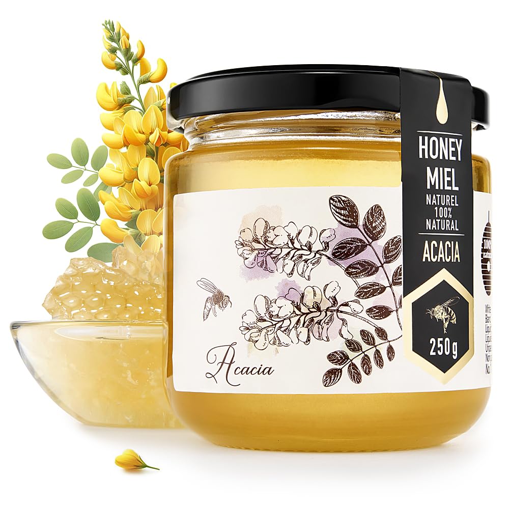 HONIGMA® Raw Acacia Honey | Exquisite Taste | 100% Pure | Unpasteurized | Unfiltered | Partially crystallized | 8.8 Fl Oz | Pack of 1
