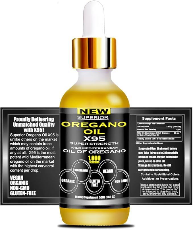 Organic Oregano Oil Drops - 1,000 Servings, 12 Month Supply, Wild Oil of Oregano 9X Carvacrol, Immune & Digestive Support, Non-GMO, Food Grade Herbal Supplement, Alternative to oil of Oregano Tincture