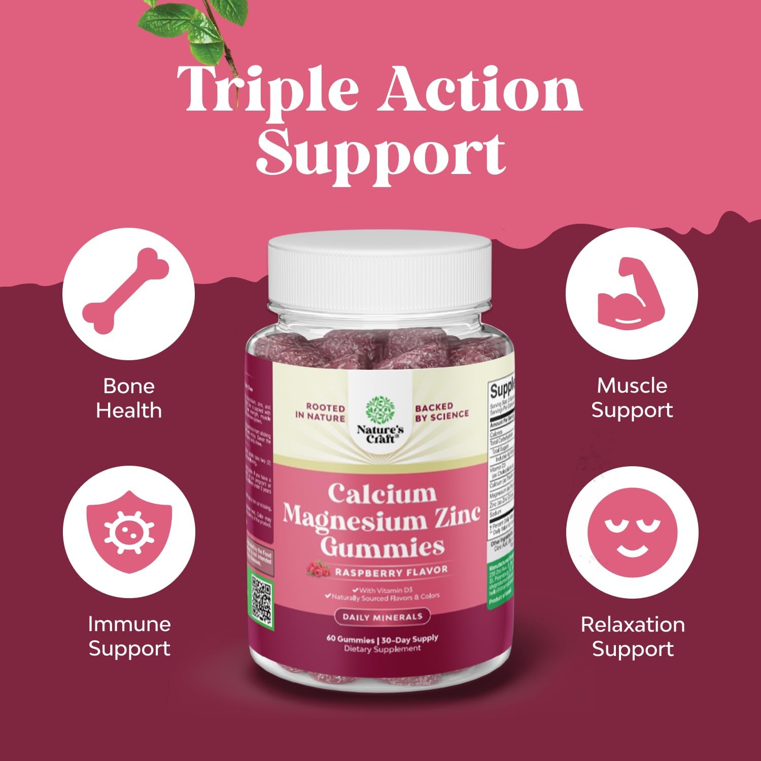 Calcium Magnesium Zinc Gummies - Magnesium Zinc Calcium Supplement Gummies with Vitamin D3 for Teeth and Bone Health - Certified Kosher Non-GMO Gelatin Free & Vegetarian Friendly (3 Month Supply)