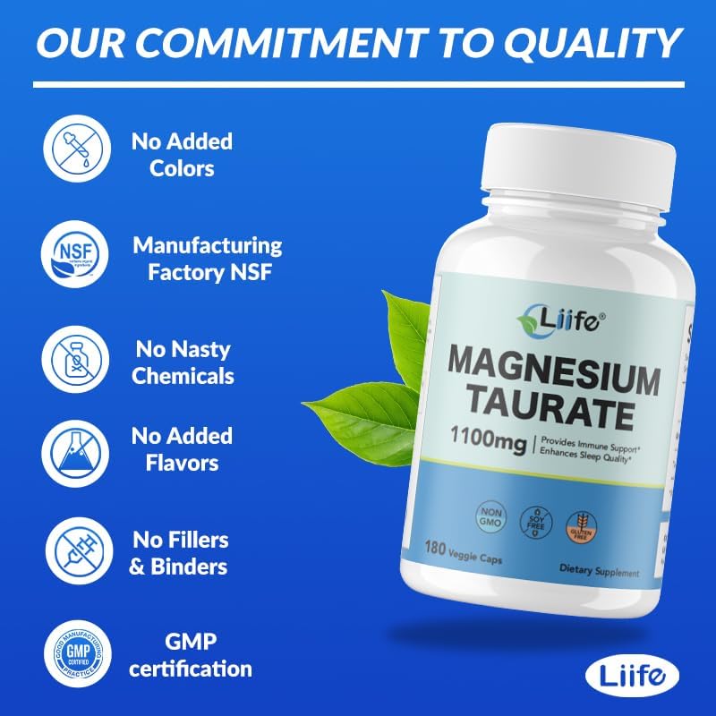 LIIFE Magnesium Taurate 1100mg -180 Vegetarian Capsules-200MG Elemental Magnesium Per Serving - Heart Health and Relaxation Support