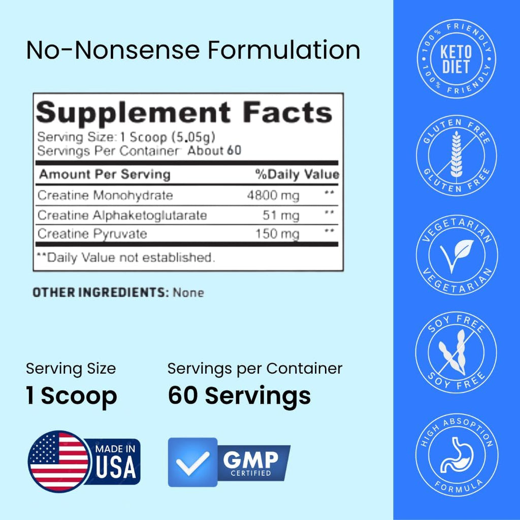 Crazy Muscle Creatine Monohydrate Powder, 5000mg Premium 3X ThreeAtine Pre Workout Mass Gainer, High Absorption Easy to Take Powder Optimum Performance for Men & Women, 60 Servings
