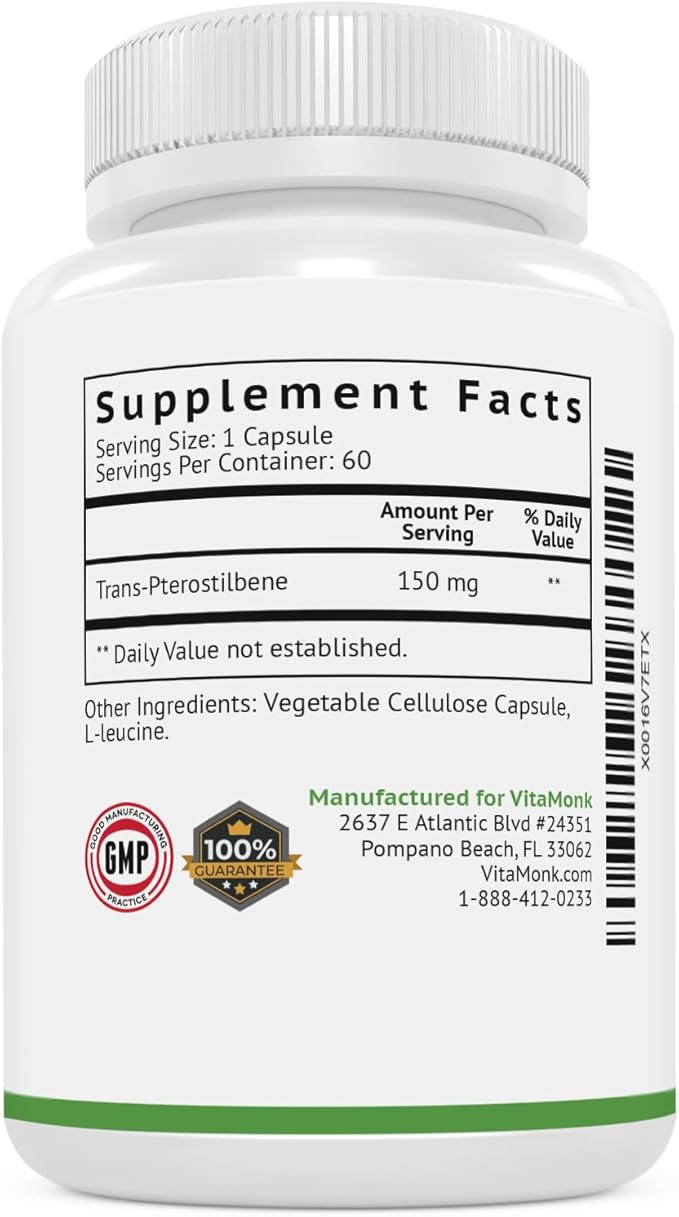 VitaMonk Pterostilbene 150mg Capsules No Artificial Fillers - Soy Free Trans-Pterostilbene Supplement which Promotes Healthy Aging and Longevity - 60 Veggie-Caps - Improved Resveratrol