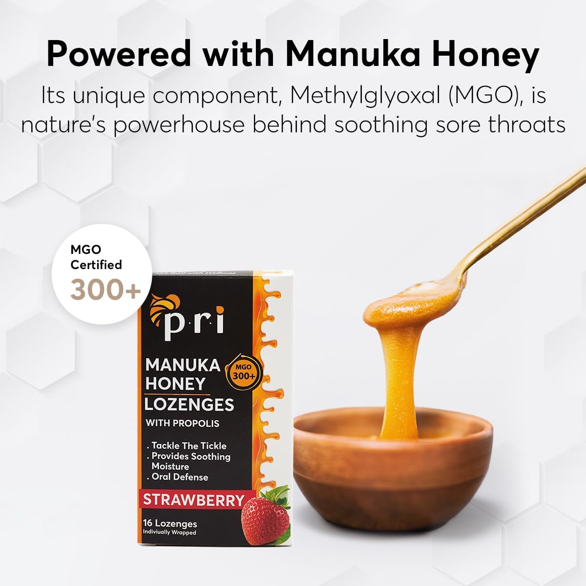 P.R.I Manuka Honey Lozenges with Propolis, Soothing Cough and Throat Drops, MGO 300+ Certified (Strawberry, 16 Count/2 Pack)