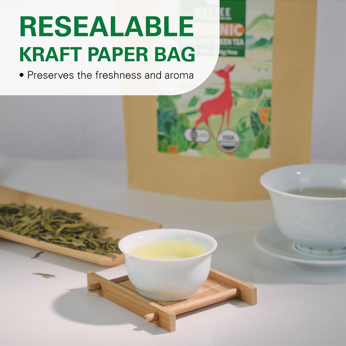 WT WEETEE Organic Longjing Green Tea, Organic Dragonwell Tea Loose Leaf 4oz (114g), Natural Bean Aromatic Lung Ching Dragon Well