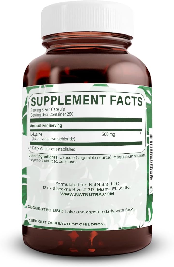 Natural Nutra L Lysine HCl, Promotes Bone Health and Growth, Support Skin Health, Improve Vitamin C Absorption, Helps Built Collagen, Improve Calcium Absorption, Non-GMO, Vegan, 500 mg, 250 Capsules.